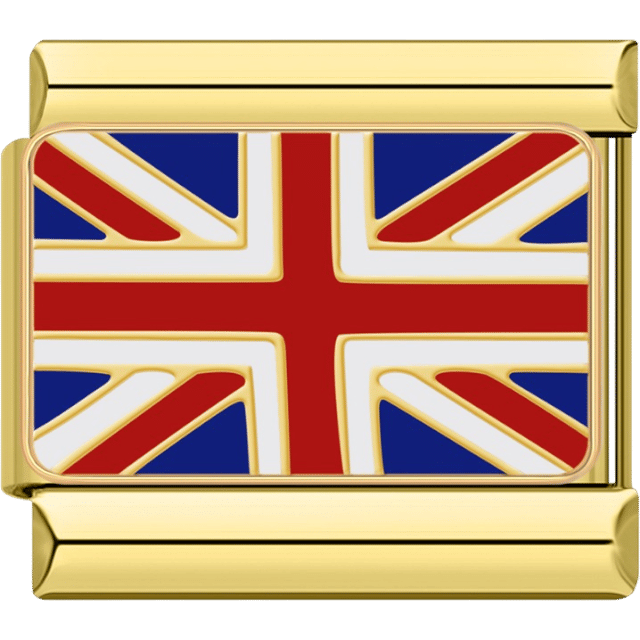 Gold rectangular Italian charm bracelet link featuring the United Kingdom Union Jack flag with red, white, and blue design.